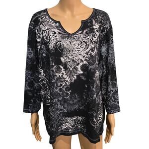 Dressbarn Black 3/4 Sleeve Top Black White Print 3X NWOT